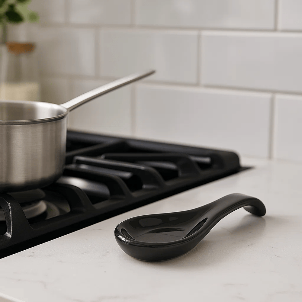Ceramic spoon rest on a kitchen bench