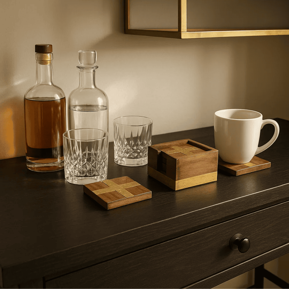 Burnt wood coasters storage box detail