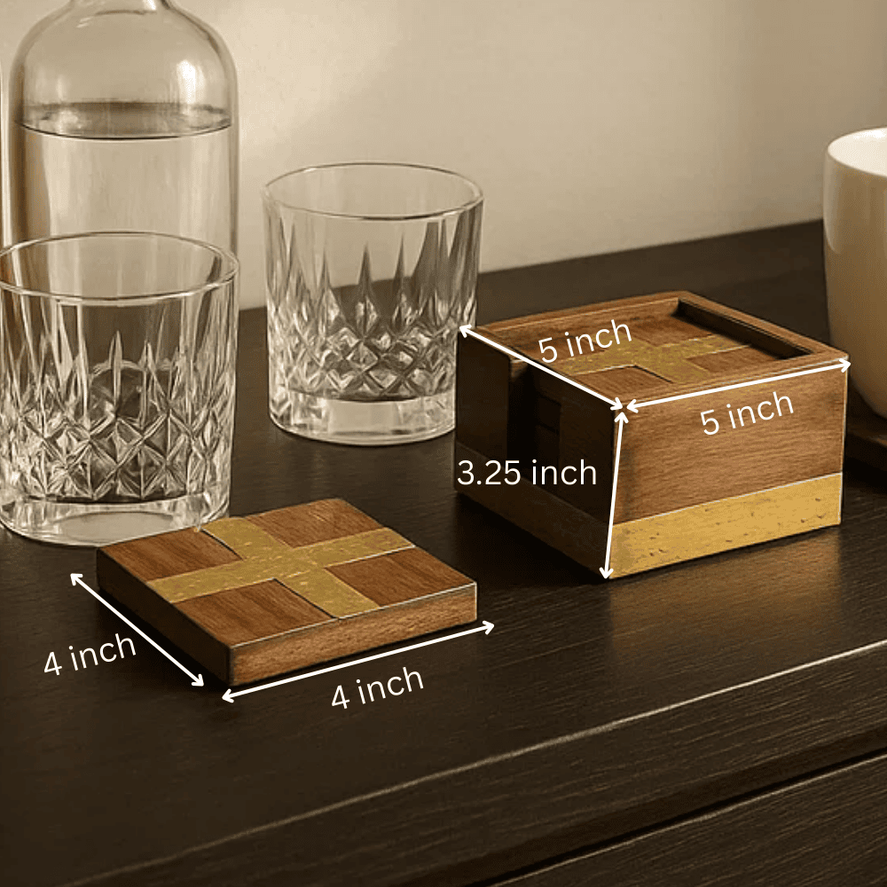 Burnt wood coasters styled with a drink