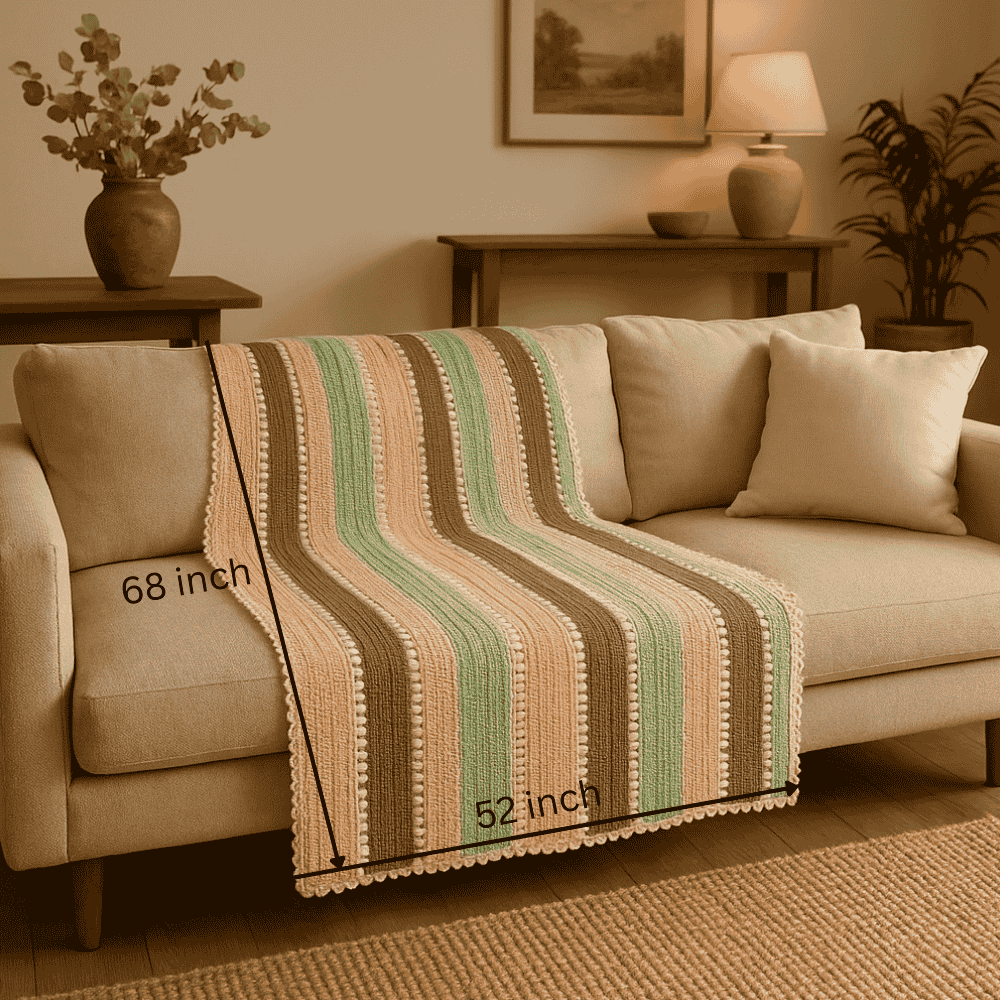 Earthy crochet throw on a sofa