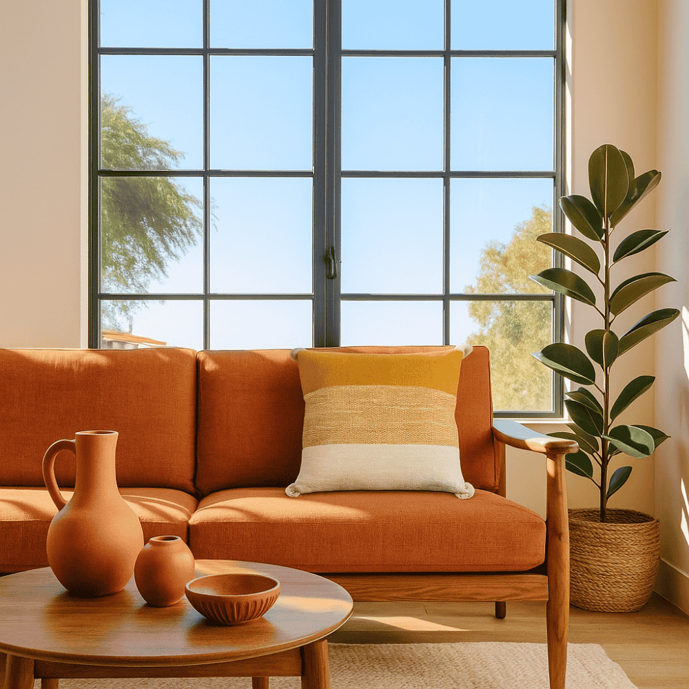 Amber cushion cover styled on a sofa