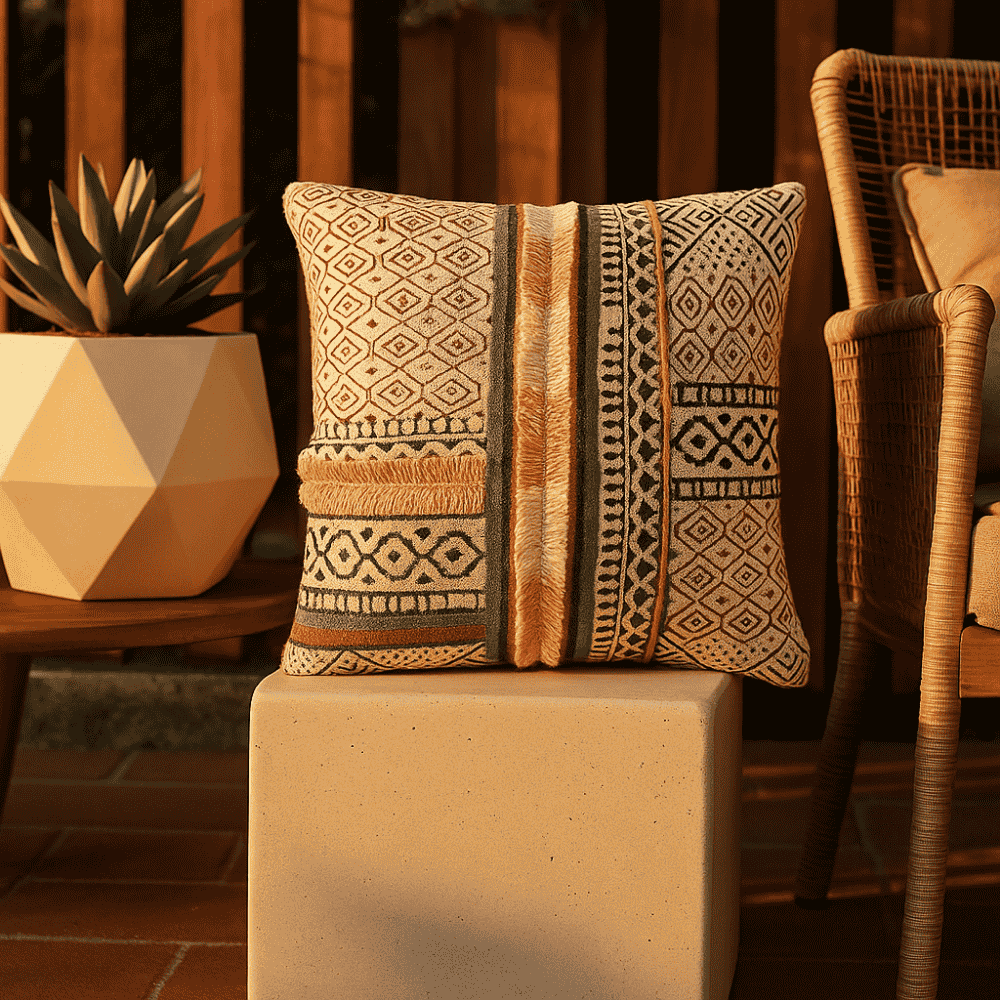 Textured geometric cushion cover styled on a sofa
