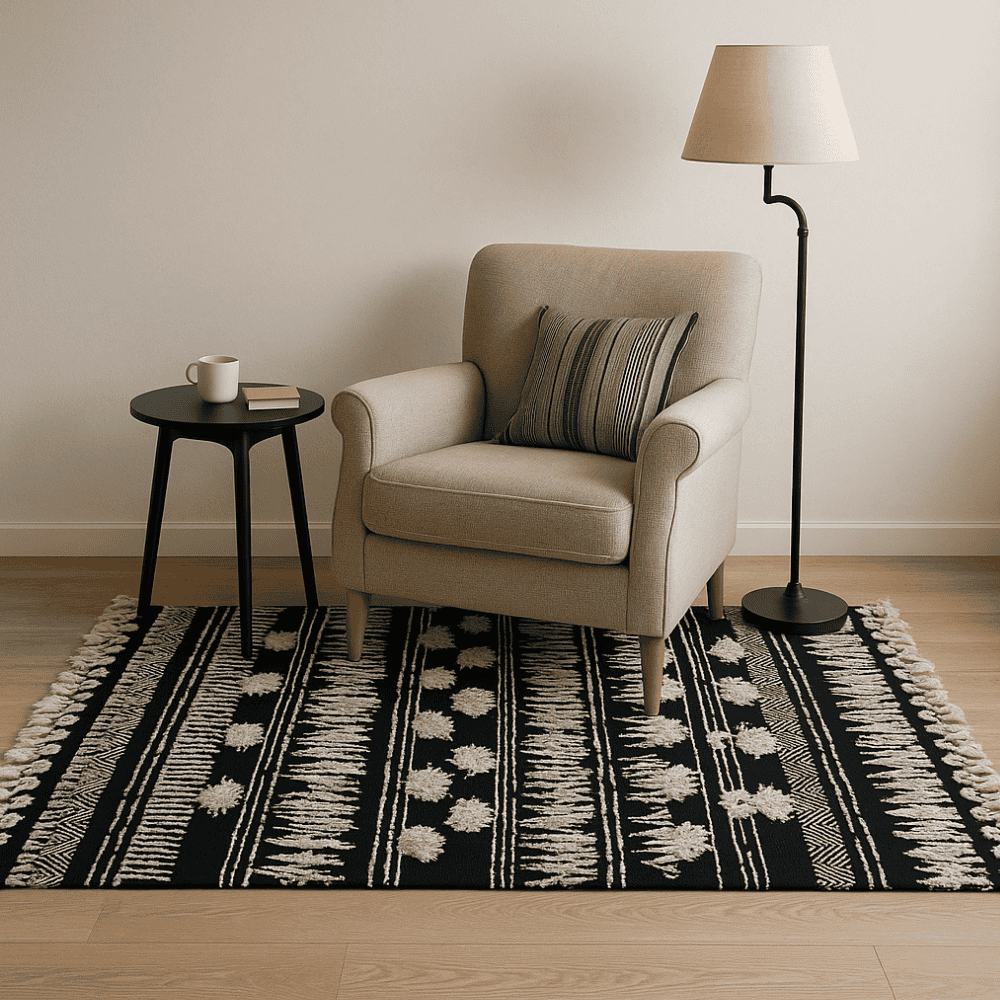 Full view of the textured geometric rug with tassels