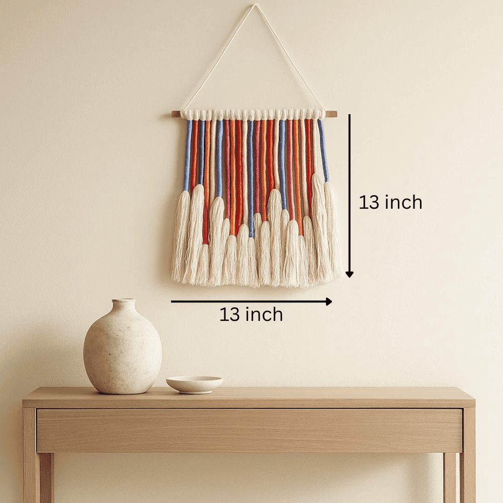 Colourful rope wall hanging in a bright styled room