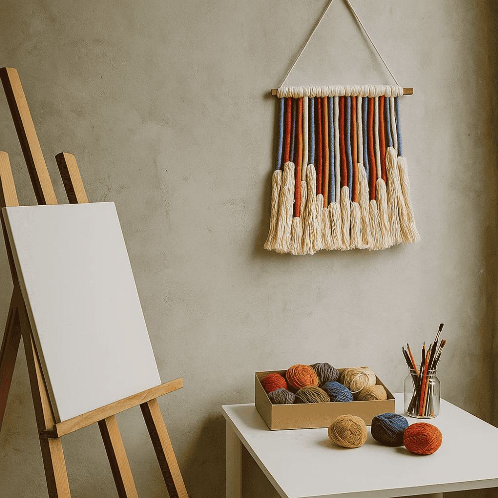 Colourful rope wall hanging on a plain wall