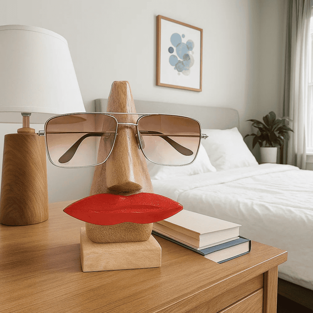 Wooden spectacle holder with glasses