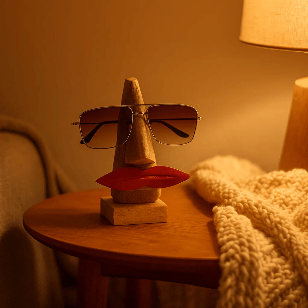 Wooden spectacle holder close-up of lips shape