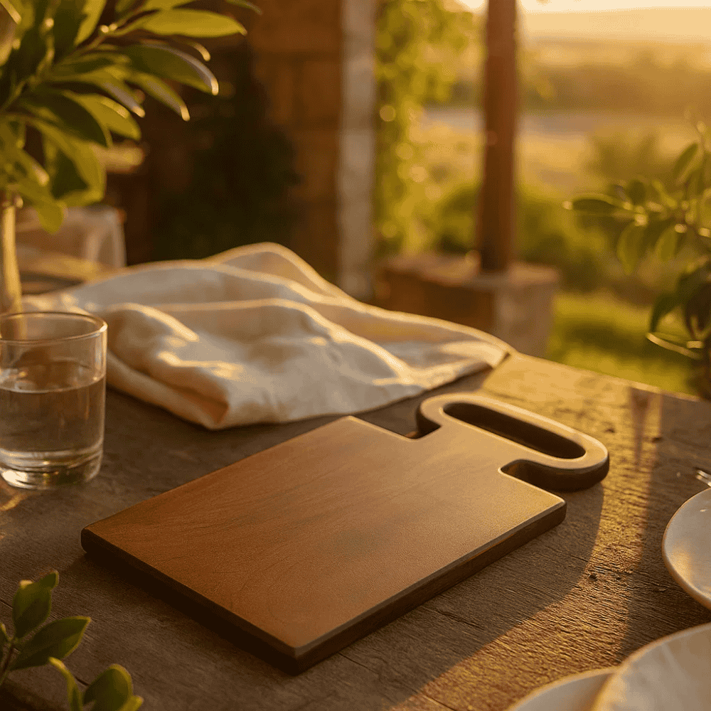 Wooden cheese board top view