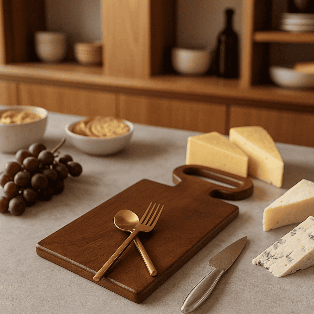 Wooden cheese board close-up of grain