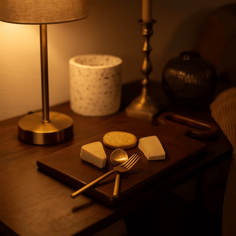 Wooden cheese board with cheese spread