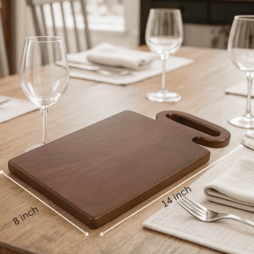 Wooden cheese board at an angle