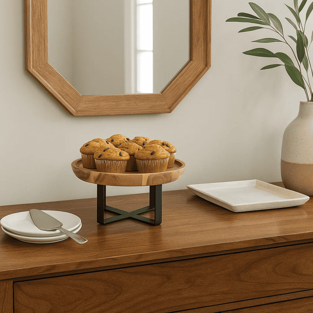 Minimal acacia wood stand with cake on top in farmhouse kitchen