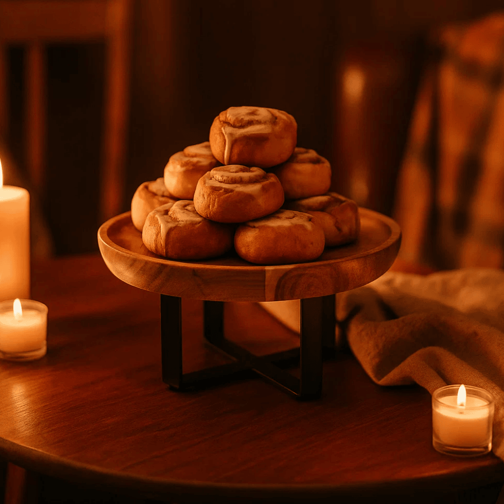 Acacia and iron cake stand flat lay product photo