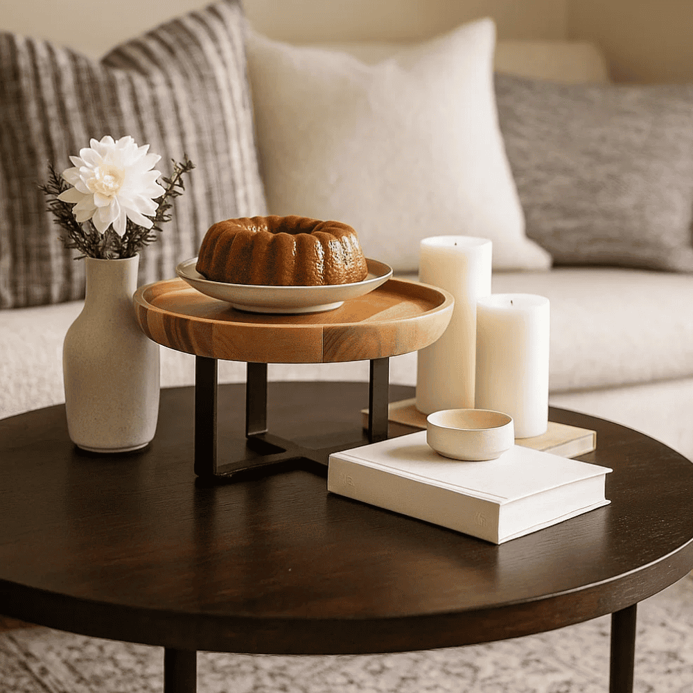 Minimal acacia cake stand top-down view