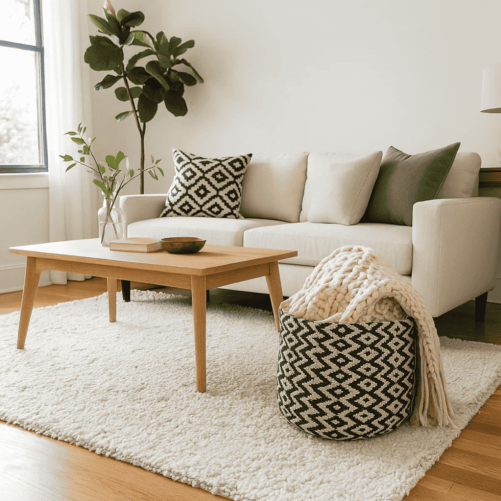 Cotton jute basket in boho corner