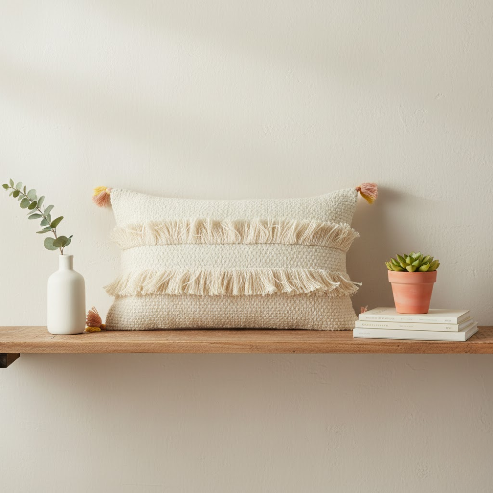 Fringed lumbar cushion cover styled on a sofa