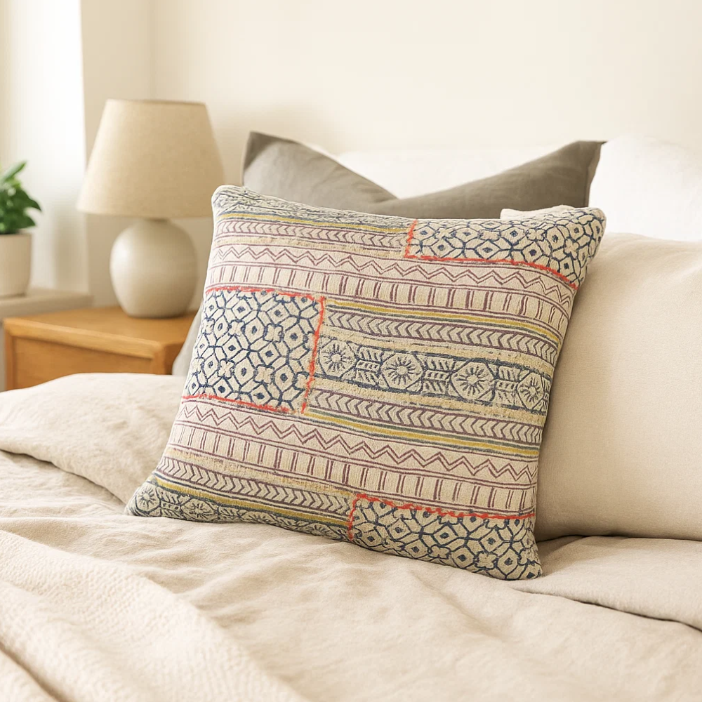 Block printed geometric cushion cover close-up of pattern