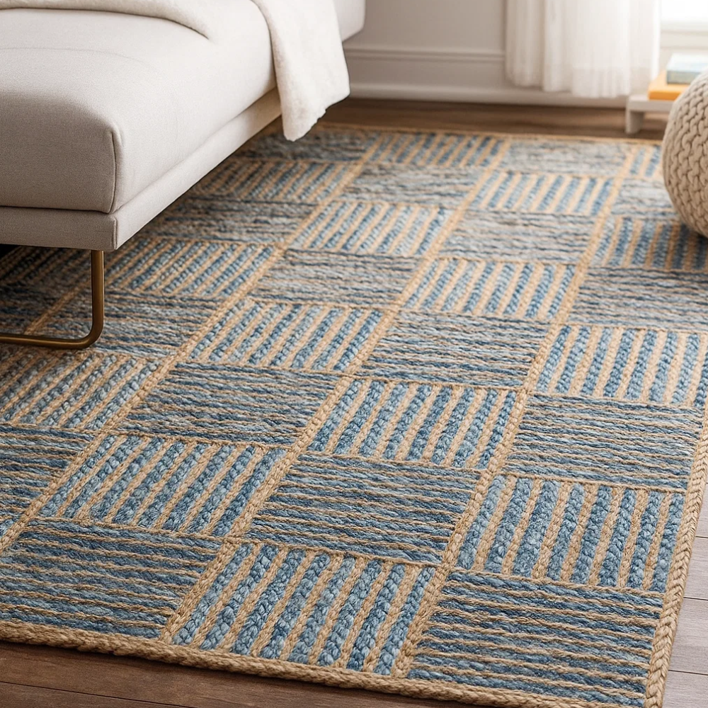 Patterned cotton and jute rug styled on a floor