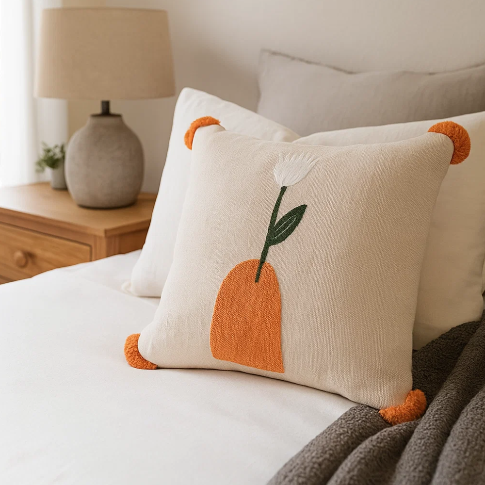 Tulip embroidered cushion cover close-up of pom poms