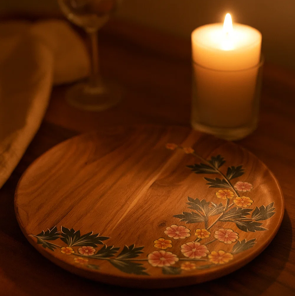 Floral acacia plate side view
