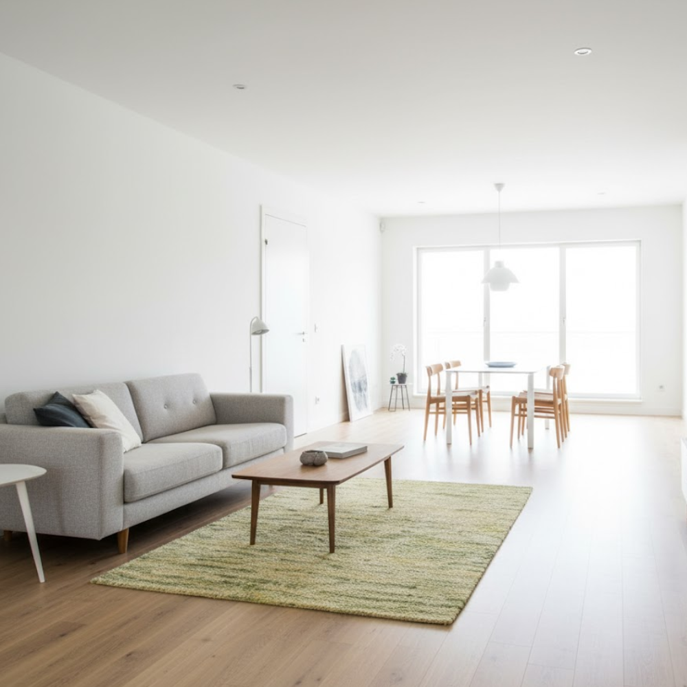 Angled view of the handwoven organic wool rug