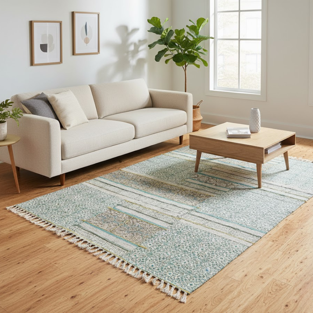 Block printed cotton rug embroidery detail