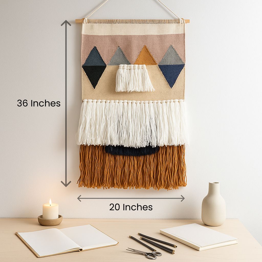 Tufted geometric wool wall hanging in a styled boho room