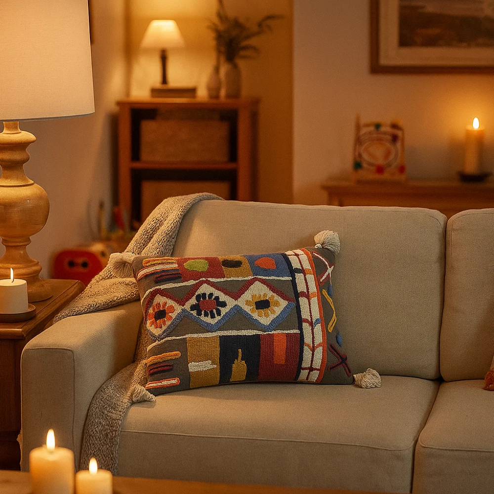 Embroidered tasseled lumbar cushion cover at an angle