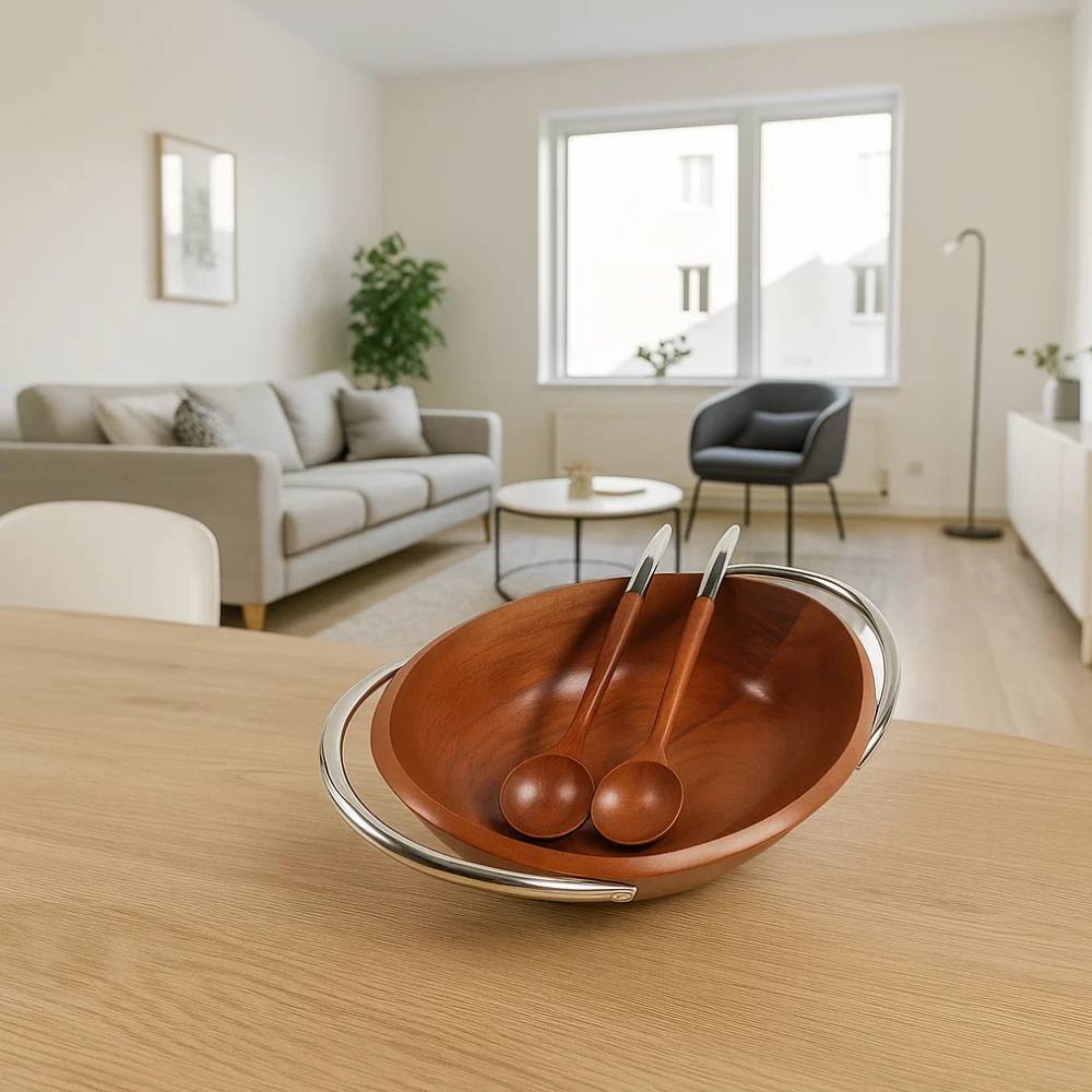 Mango wood bowl set at an angle