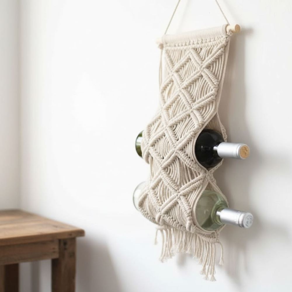 Macrame wine rack side view