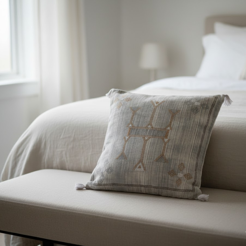 Vintage embroidered cushion cover styled on a sofa