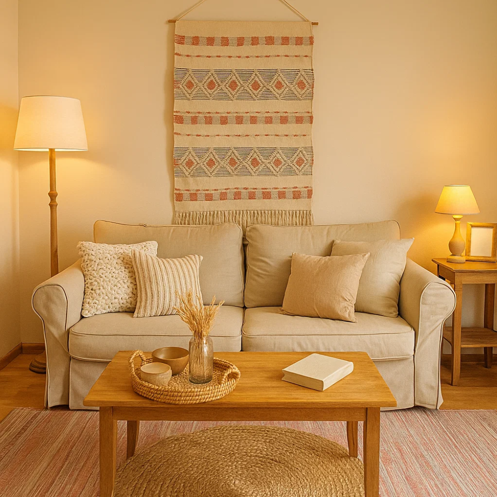 Terra wool and cotton wall hanging styled in a rustic room