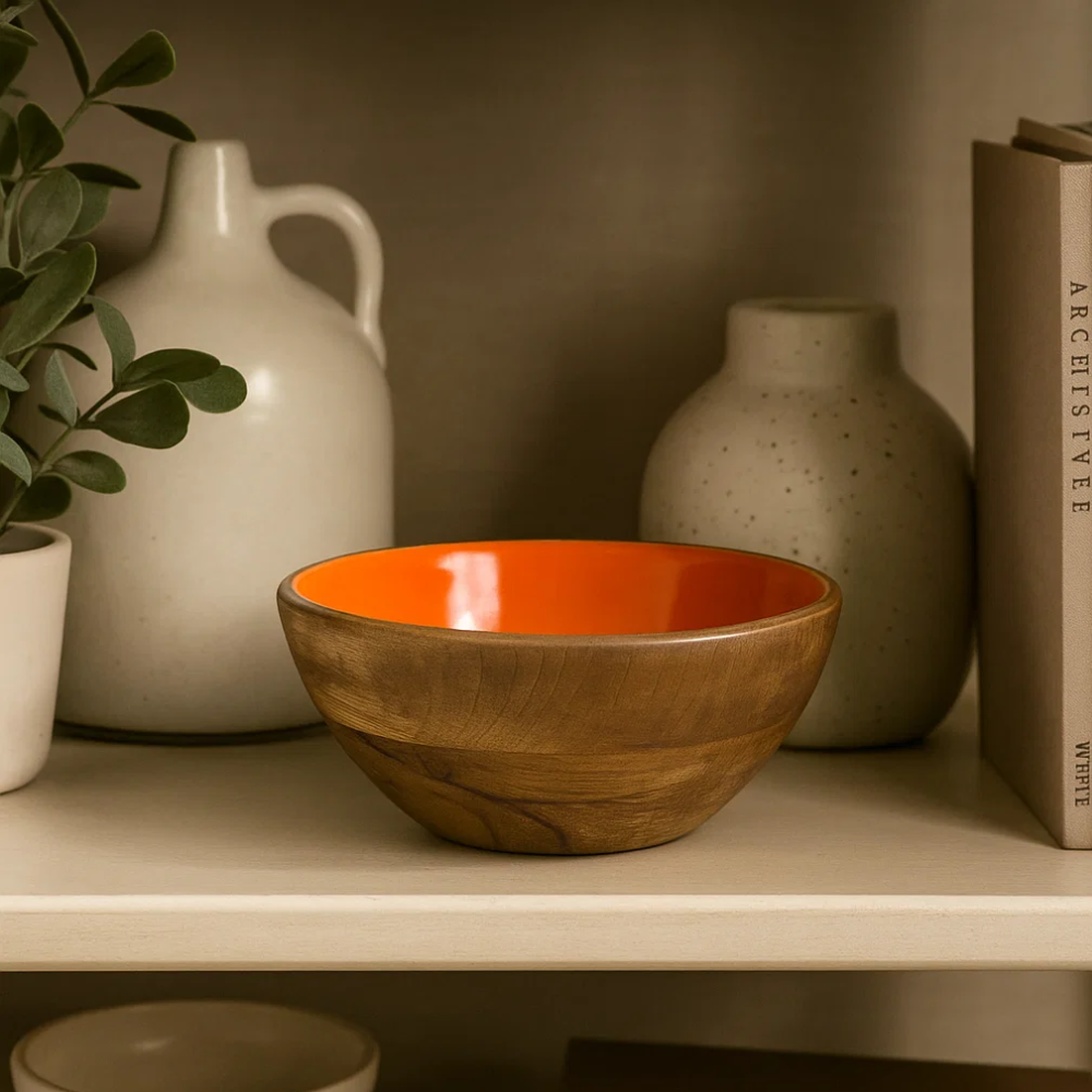 Orange serving bowl close-up of enamel