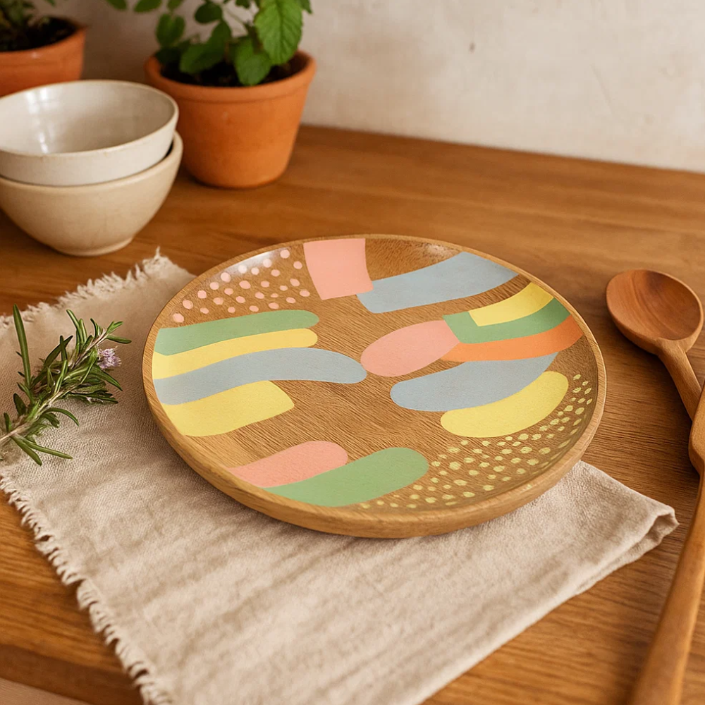 Abstract wood plate on coffee table