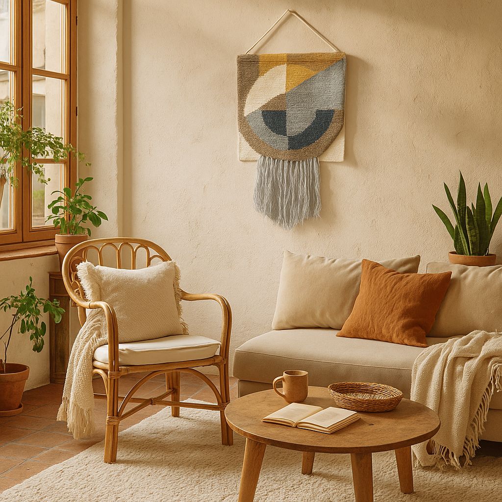Abstract fringe wool wall hanging above a sofa