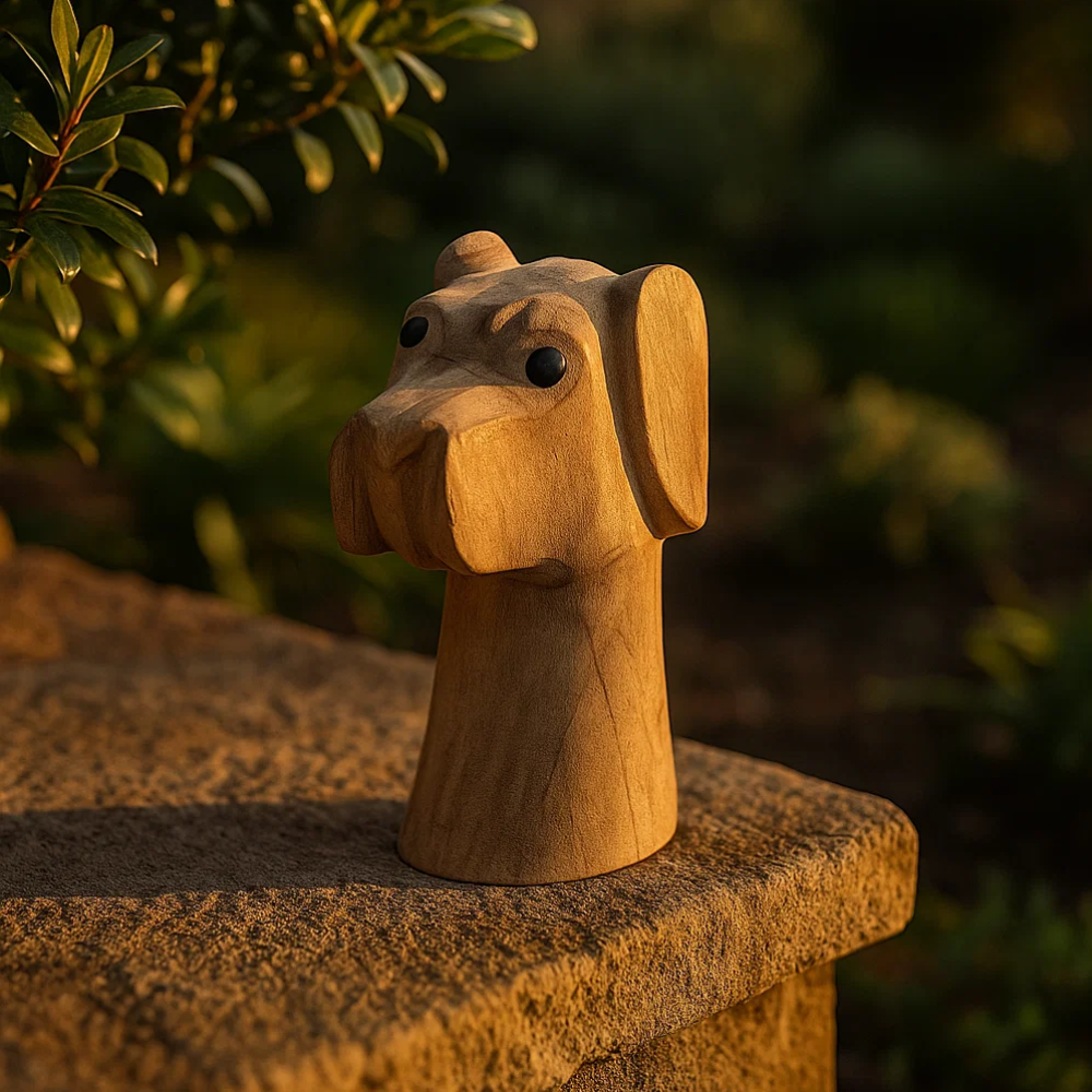 Wooden dog figurine on a shelf
