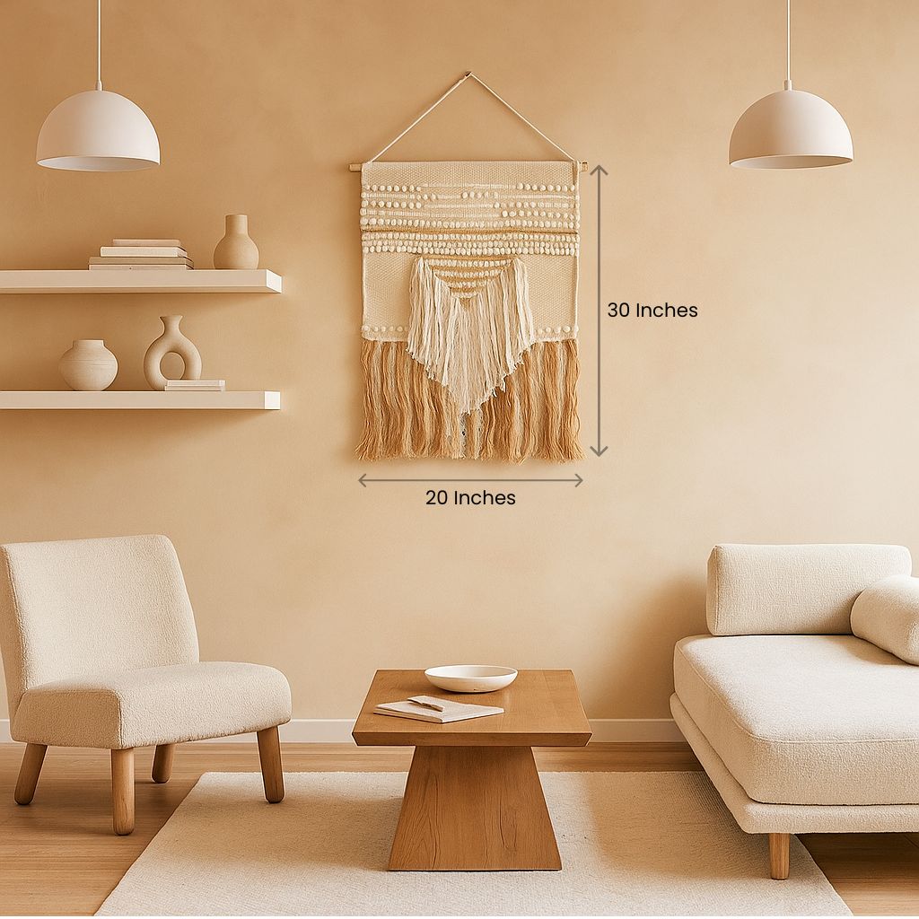 Neutral cotton fringe wall hanging styled in a Scandi living room