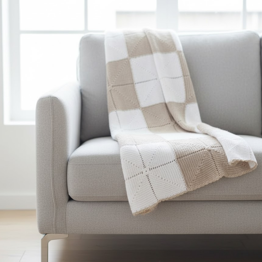 Crochet throw blanket draped over a chair