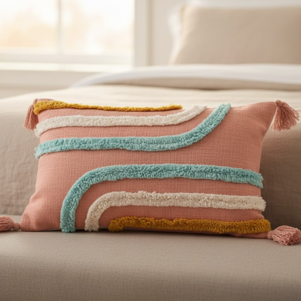 Pink woven cushion cover at an angle