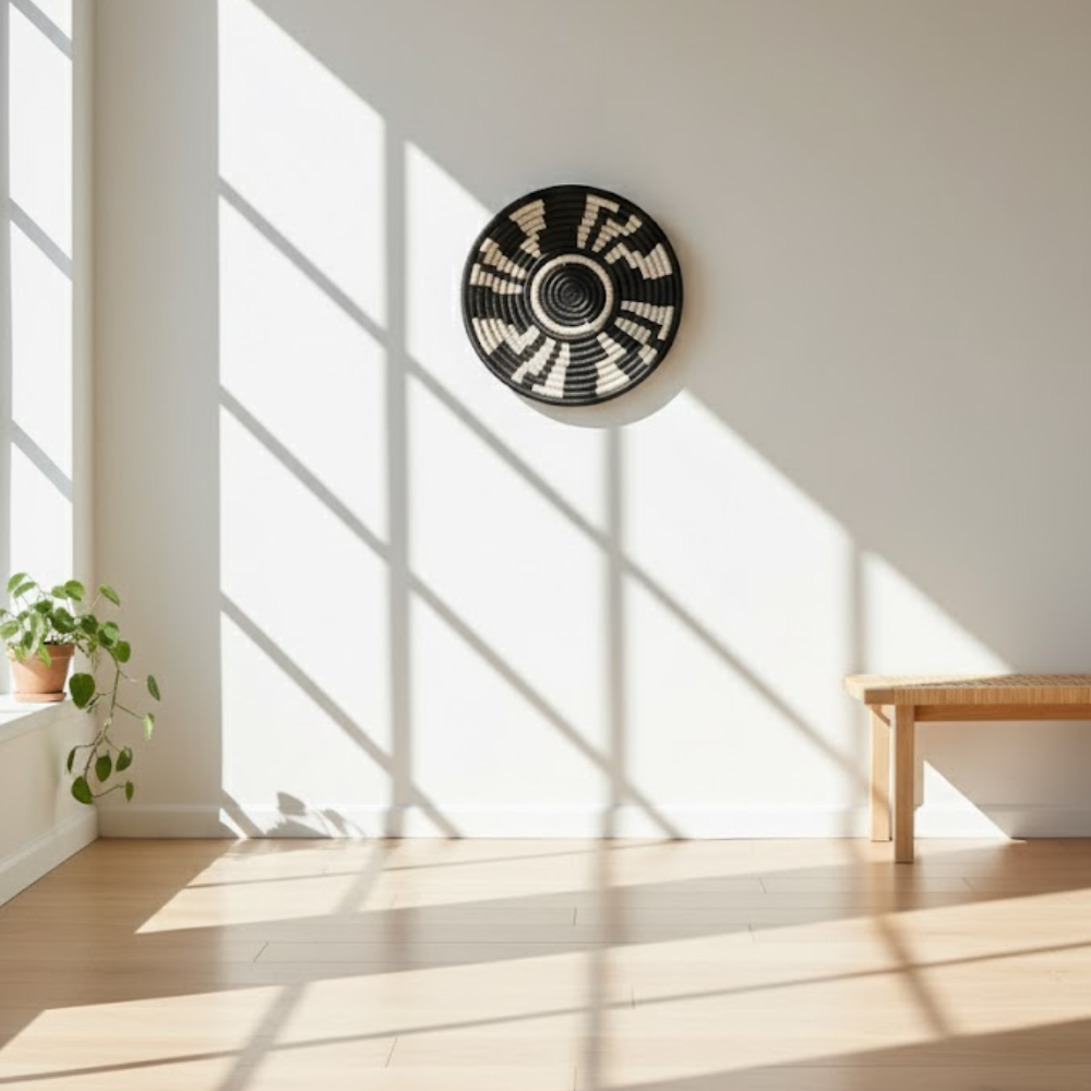 Black and white sabai grass wall plate on a plain wall