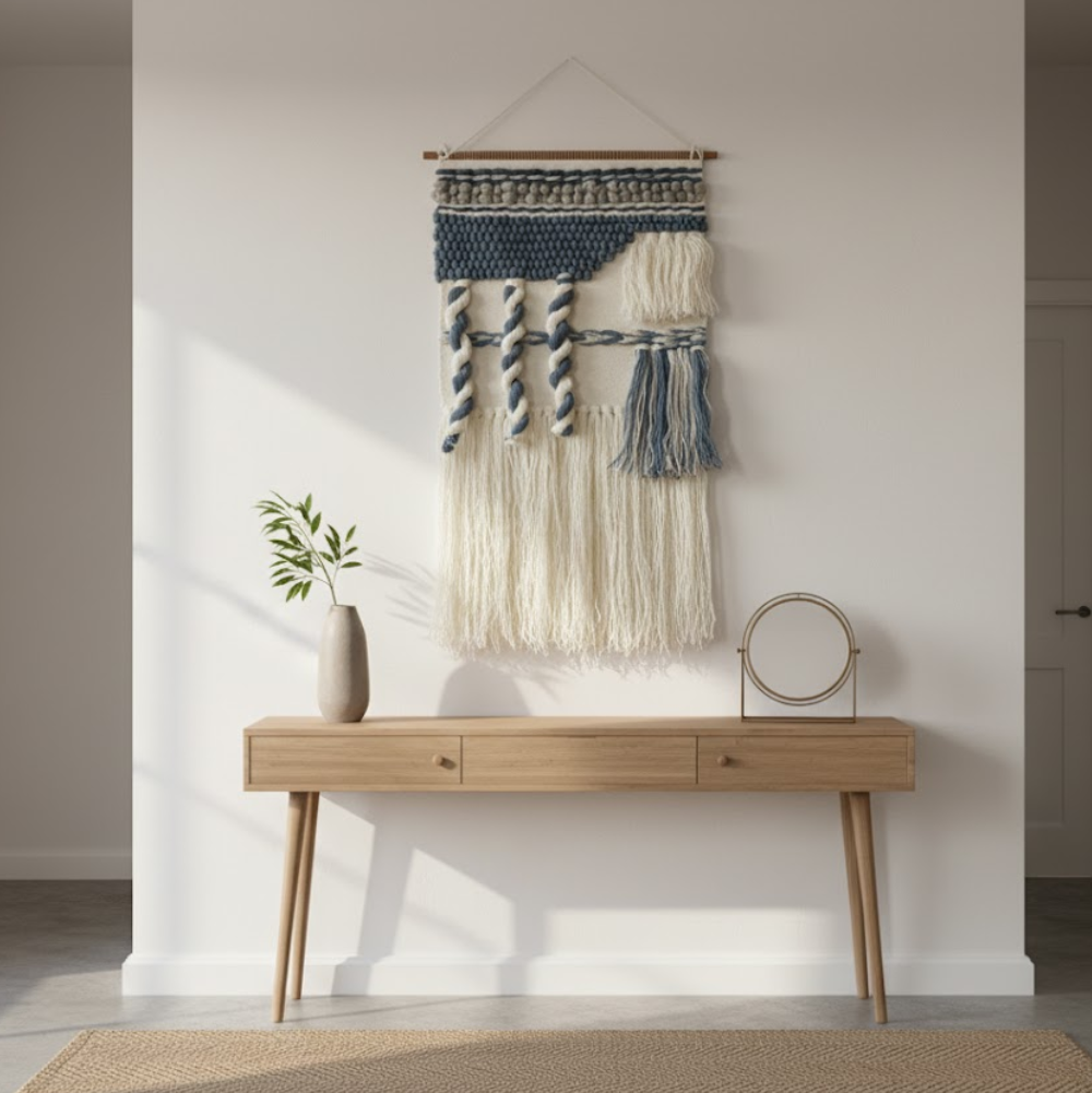 Tufted abstract wool wall hanging in a styled boho room