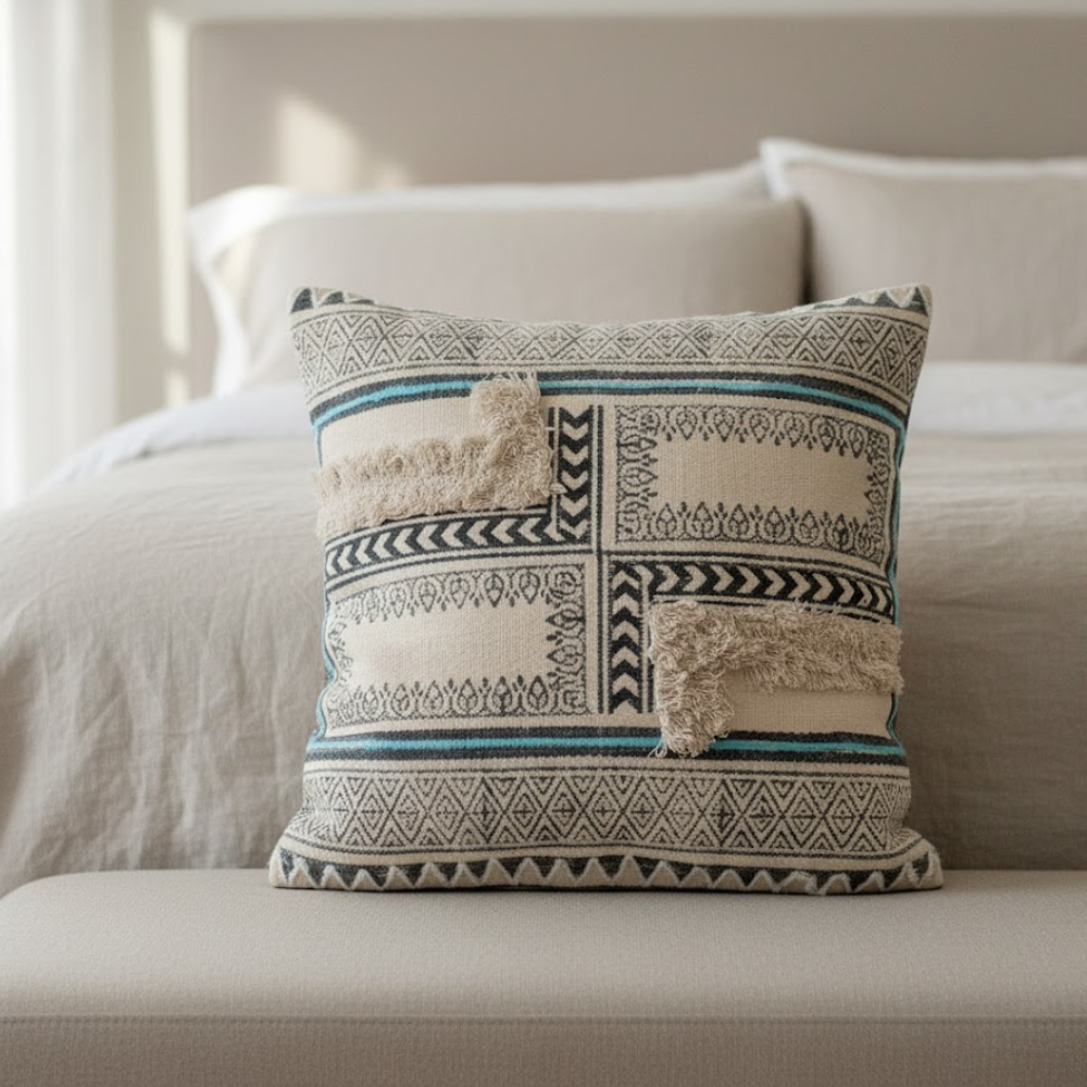 Geometric cotton cushion cover concealed zip detail