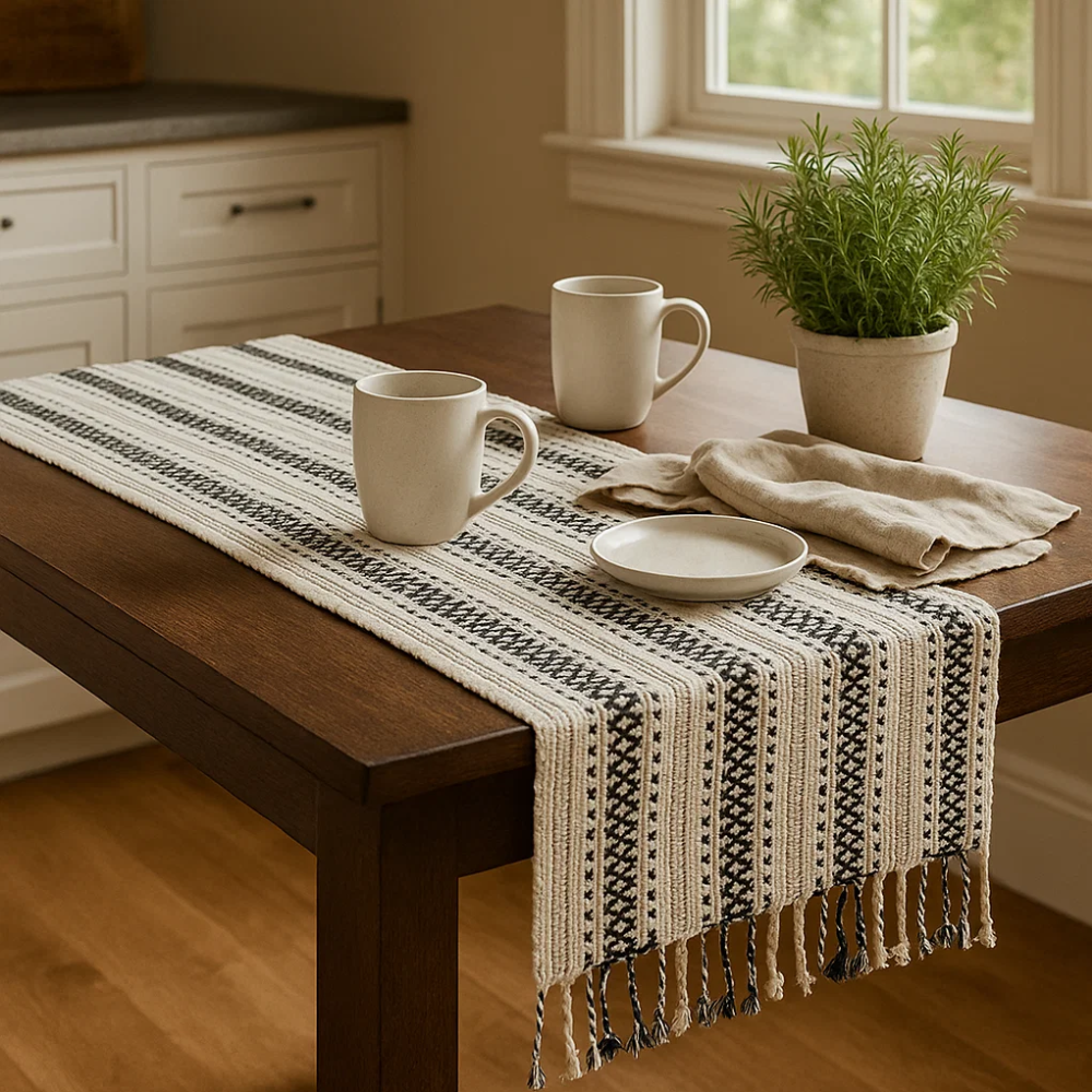 Yarn dyed table runner styled on a dining table