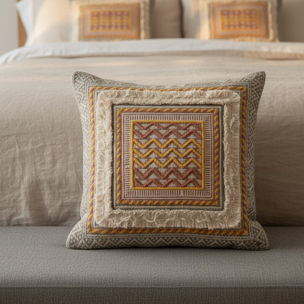 Hand block printed cushion cover styled on a sofa