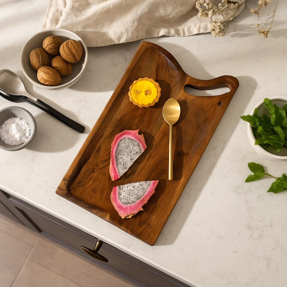 Acacia snack board styled with snacks