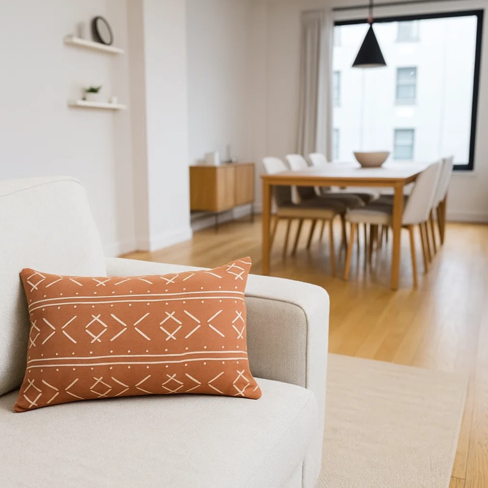 Tribal monochrome lumbar cushion cover styled on a sofa