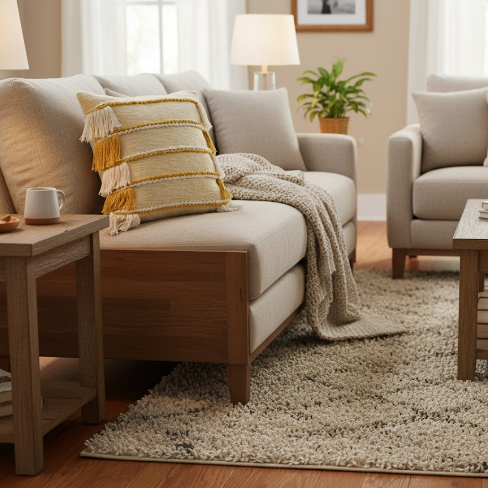 Yellow fringed cushion cover styled on a sofa