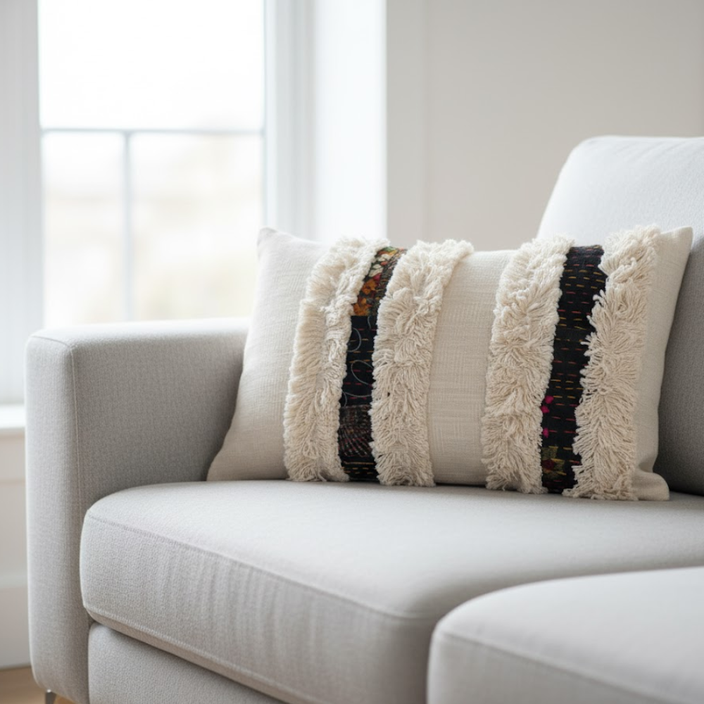 Shaggy lace cushion cover styled on a sofa