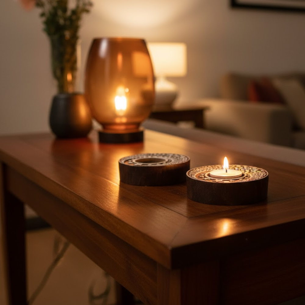 Hand carved moon holders on shelf lifestyle