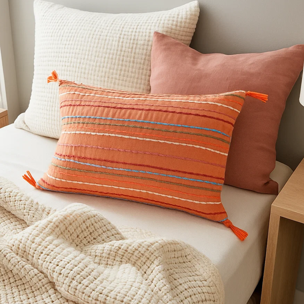 Coral Lumbar Cushion Cover | Striped Tasseled Hand-Embroidered Decor